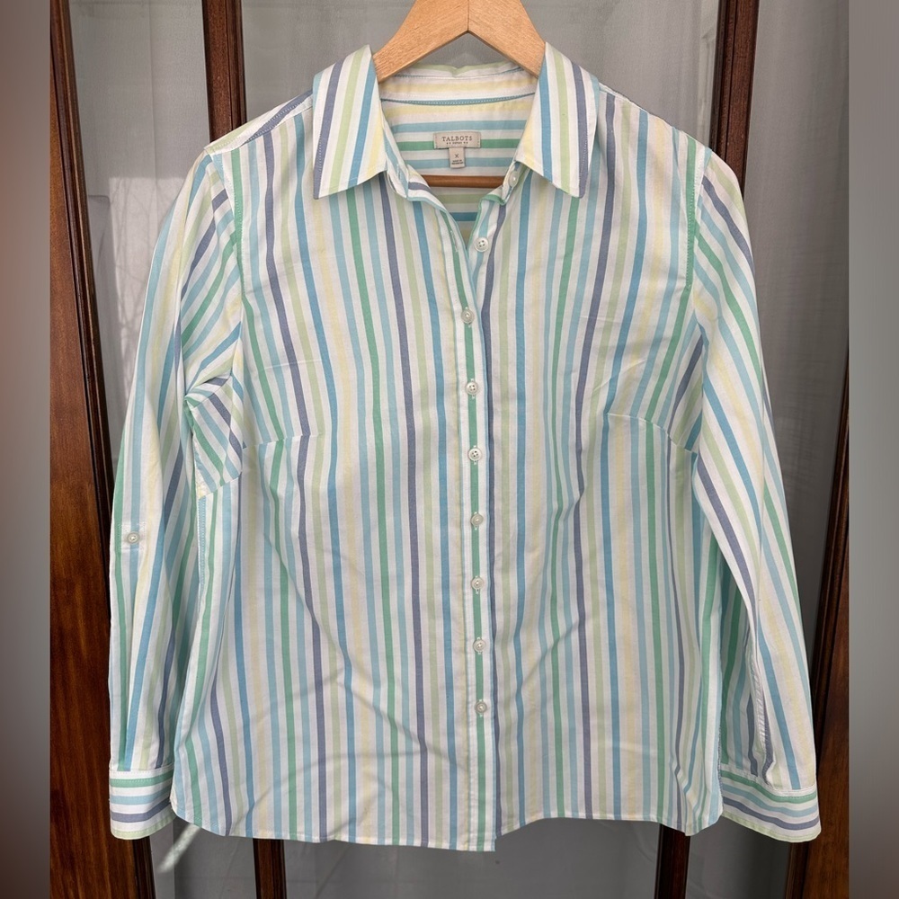 Talbots‎ Plus Size 1X Striped Button Up Shirt 100% Cotton Roll Tab Sleeves EUC